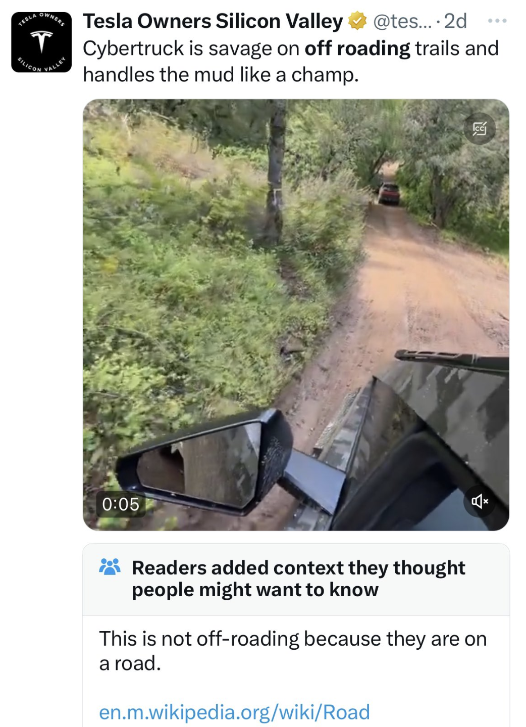 dirt road - Tesla Owners Silicon Valley .... 2d Cybertruck is savage on off roading trails and handles the mud a champ. Readers added context they thought people might want to know This is not offroading because they are on a road. en.m.wikipedia.orgwikiR